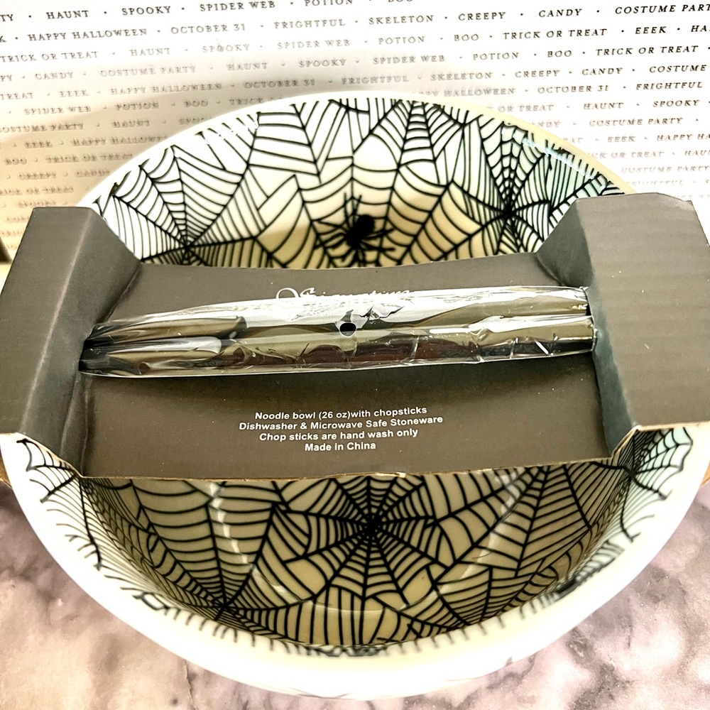 Halloween Large Ramen Noodle Bowl with Chopsticks Crawling Spiders and Webs - Picture 3 of 6